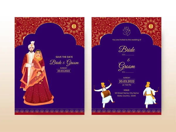 Cartão Convite Casamento Floral Com Caráter Noivo Indiano Vista Frontal — Vetor de Stock