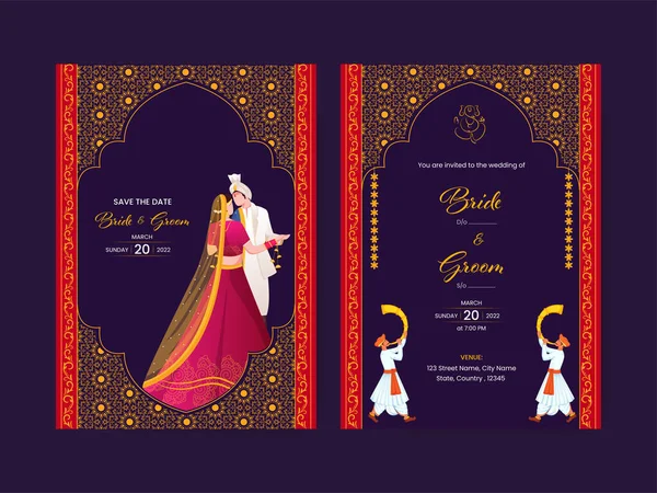 Blommig Bröllop Inbjudningskort Med Indiska Brudgummen Karaktär Och Händelse Detaljer — Stock vektor
