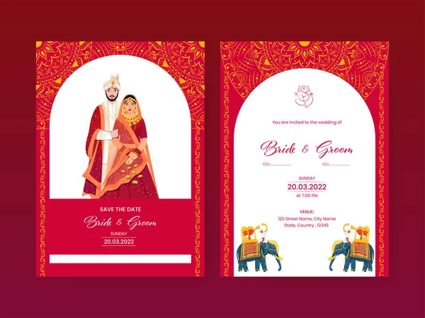 Indian Wedding Card Template Design Hindu Bridegroom Character Red White — Stock Vector