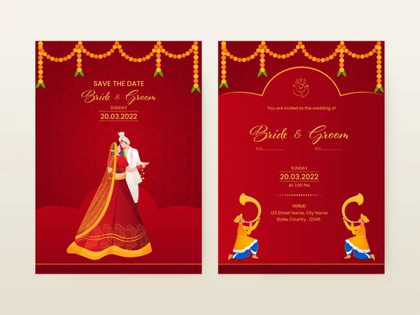 Cartão Convite Casamento Indiano Com Caráter Noivo Hindu Fundo Padrão — Vetor de Stock