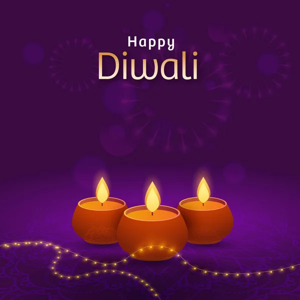 Happy Diwali Celebration Poster Design Lit Oil Lamps Diya Lighting — Stock Vector