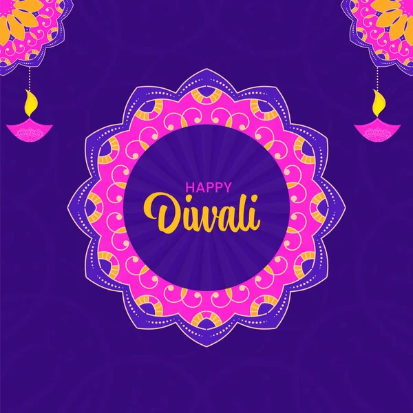 Happy Diwali Concept Met Lit Olielampen Diya Hang Bloemen Patroon — Stockvector