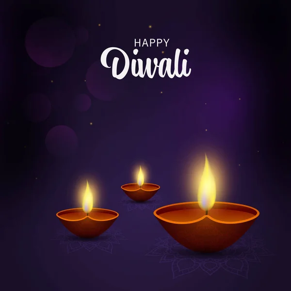 Happy Diwali Celebration Concept Realistic Lit Oil Lamps Diya Purple — Stock Vector