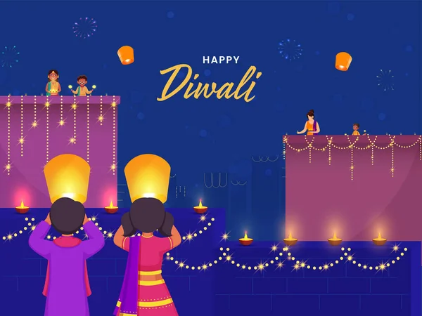 Happy Diwali Celebration Background Indian People Enjoying Celebrating Festival Lights — Stock Vector