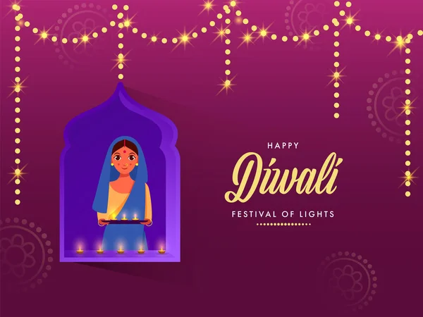 Glückliche Diwali Konzept Mit Indian Woman Holding Teller Von Lit — Stockvektor