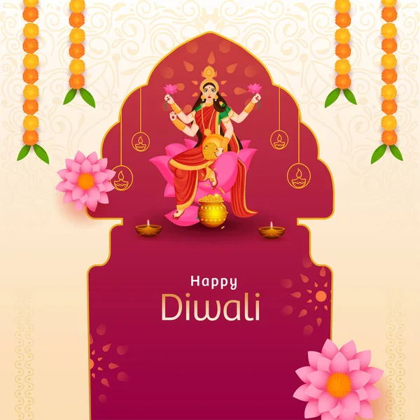 Mutlu Diwali Konsepti Için Tanrıça Lakshmi Nin Nilüfer Çiçeği Üzerinde — Stok Vektör