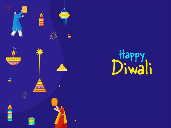 Happy Diwali Feier Hintergrund Mit Indischen Menschen Lit Öllampen Kerzen — Stockvektor