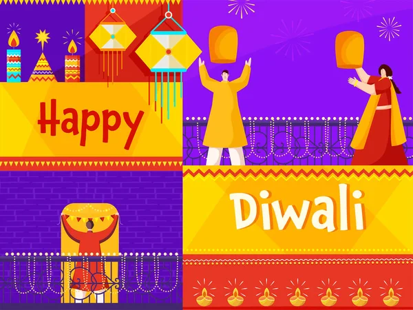 Happy Diwali Celebration Background Decorated Lit Candles Lanterns Indian People — Stock Vector