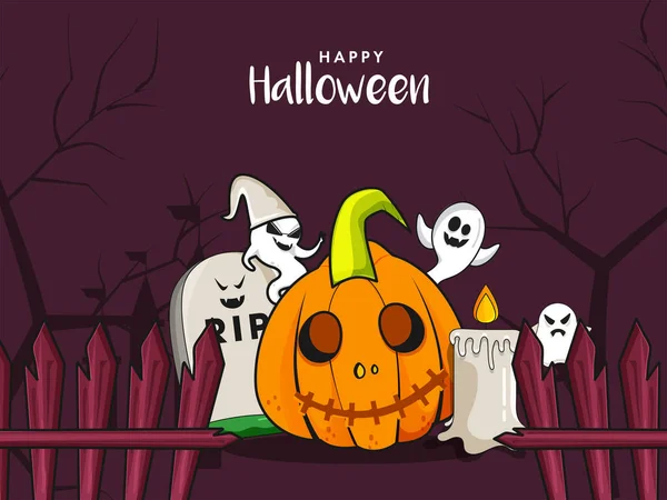 Neşeli Hayaletler, Korkunç Balkabağı, RIP Taşı ve Mor Orman Arkaplanındaki Aydınlık Mum ile Mutlu Cadılar Bayramı Konsepti.