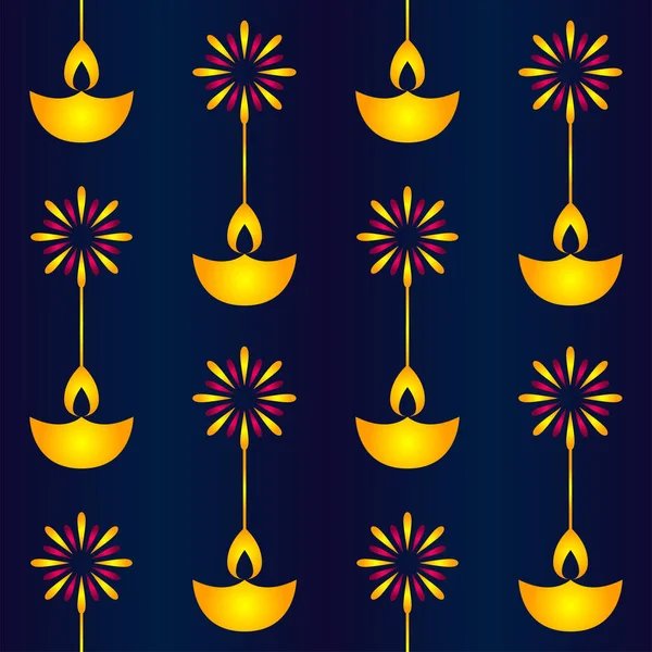 Glossy Lit Oil Lamps Diya Fireworks Pattern Blue Background — Stock Vector