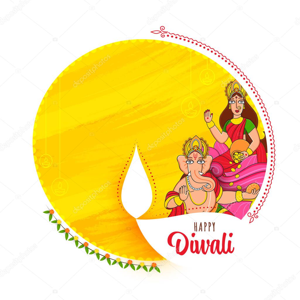 Vector Illustration Of Lord Ganesha With Goddess Lakshmi Character On White And Yellow Brush Effect Background For Happy Diwali Celebration.