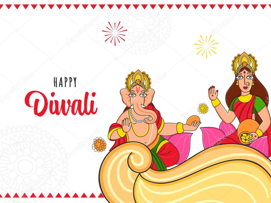 Happy Diwali Celebration Concept With Illustration Of Lord Ganesha And Goddess Lakshmi Character On White Background.