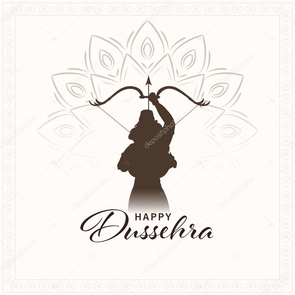 Happy Dussehra Celebration Concept With Silhouette Lord Rama Or Lakshmana Taking Aim On Mandala Pattern White Background.