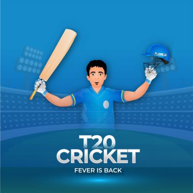 T20 Cricket Fever, Mavi Stadyum Arkaplanının Kazanan Oyuncusunun Arkasında Poster Tasarımı.