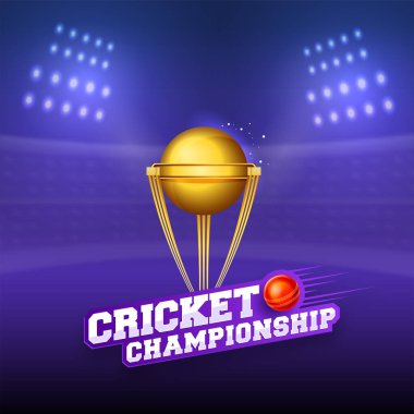 Sticker Style Cricket Championship Metin: Kırmızı Top ve Stadyum Arkaplanında 3B Altın Kupa Kupası.