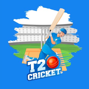 T20 Cricket Poster Tasarımı Batsman oyuncusuyla birlikte Fırça Efekti Stadyumu 'nun arka planında.