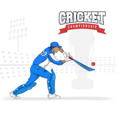 Cricket Championship Poster Tasarımı. Beyazların stadyumunda vurucu oyuncu pozisyonu ve siluet kupası..