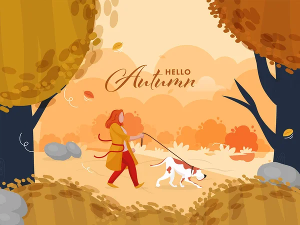 Hello Autumn Seasonal Background Young Woman Walking Her Dog Illustration — Stock Vector