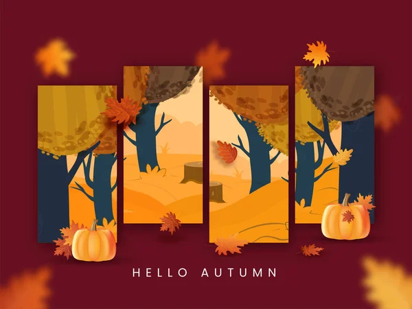 Hello Autumn Concept Pumpkins Maple Leaves Tree Red Background — Stock Vector
