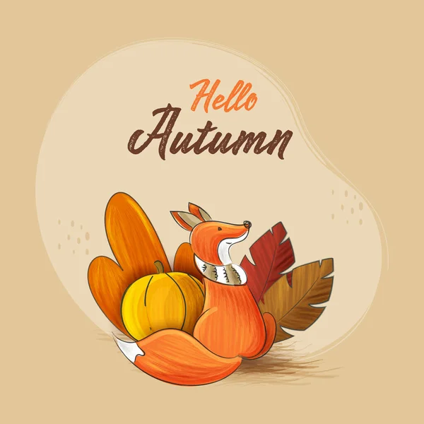 你好秋天的概念与卡通狐狸坐 南瓜和树叶米色背景 — 图库矢量图片