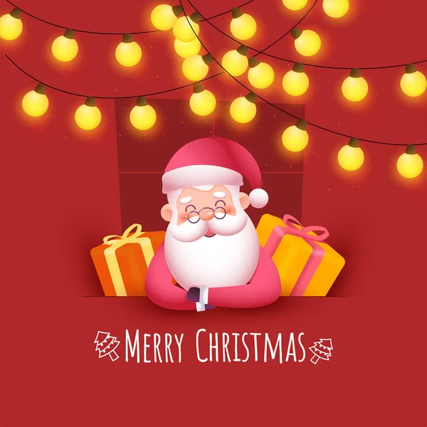 可愛いサンタクロースとメリークリスマスのコンセプト 赤の背景に現実的なギフトボックスと照明ガーランド — ストックベクタ