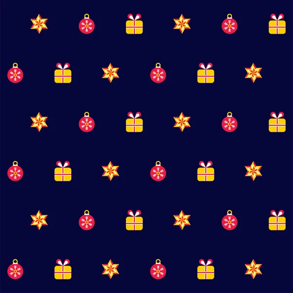 ギフトボックスと星が青の背景に飾られたクリスマスボール — ストックベクタ