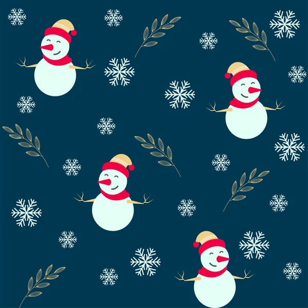 Cartoon Snowman Snowflakes Leaves Branch Decorated Blue Background — 스톡 벡터