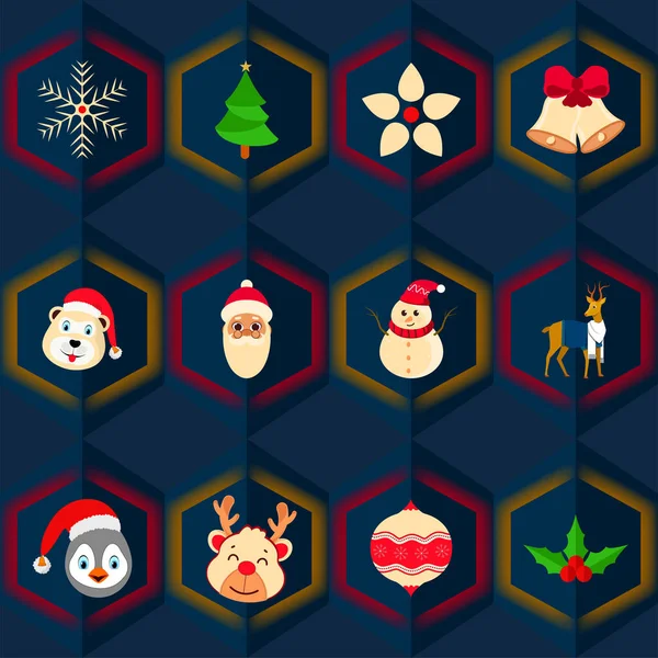Hexagon Shape Patroon Achtergrond Met Kerst Elementen — Stockvector