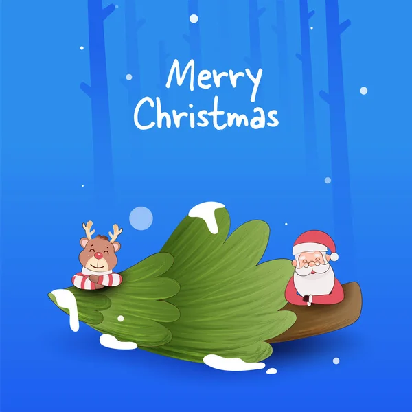 かわいいサンタクロース トナカイ クリスマスツリーを背景にしたメリークリスマスポスターデザイン — ストックベクタ