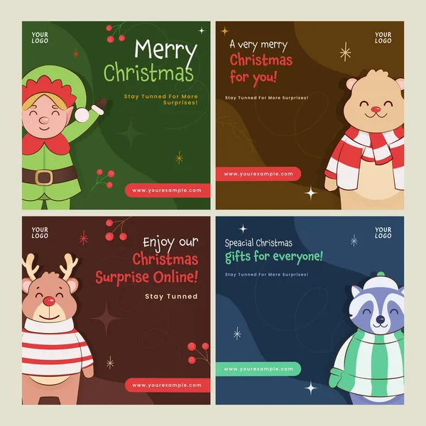 Joyeux Noël Messages Médias Sociaux Avec Elfe Bande Dessinée Ours — Image vectorielle