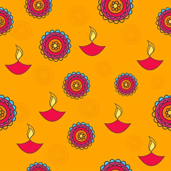 Orange Floral Mandala Seamless Pattern Background Lit Oil Lamps Diya — Stock Vector
