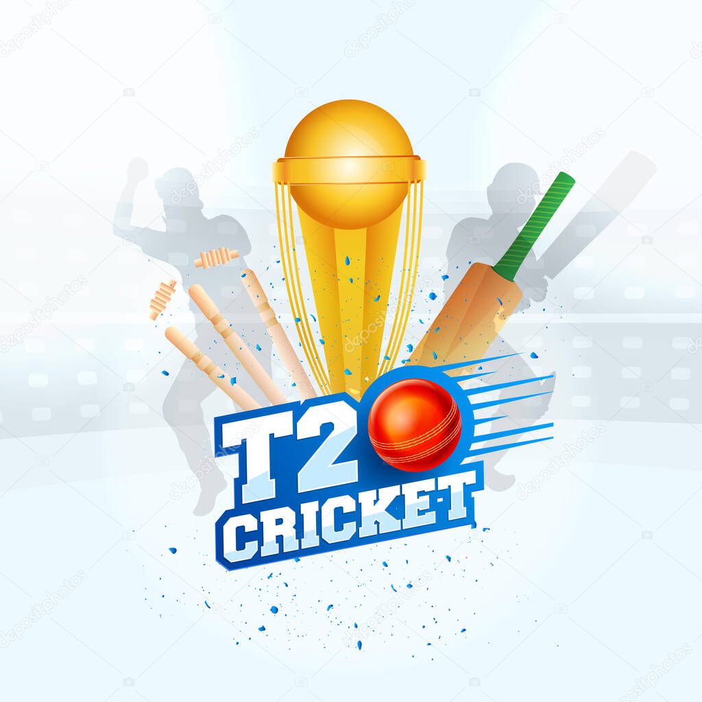Sticker Style T20 Cricket With Red Ball, Bat, Hit Stump, 3D Golden Trophy Cup And Silhouette Players On Stadium Background.