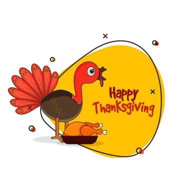 Mutlu Şükran Günü Poster Tasarımı Çizgi film Hindi Kuşu, Kızarmış Tavuk Sarı ve Beyaz Arkaplan.