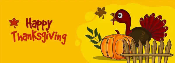 Happy Thanksgiving Banner Oder Header Design Mit Cartoon Truthahnvogel Kürbis — Stockvektor