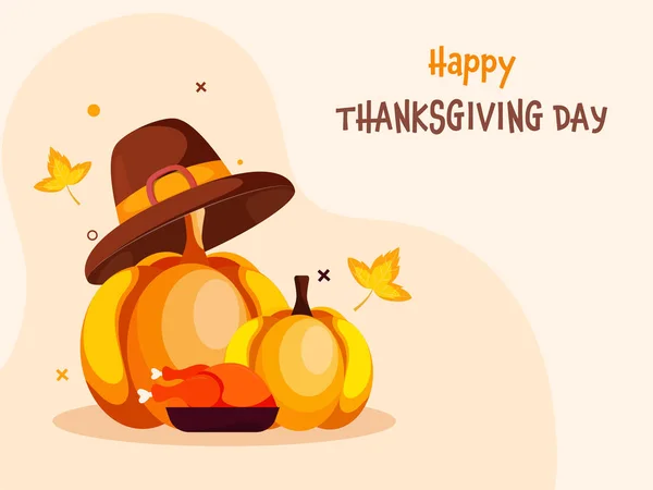 Gelukkige Thanksgiving Day Concept Met Pompoenen Pelgrim Hat Gebraden Kip — Stockvector