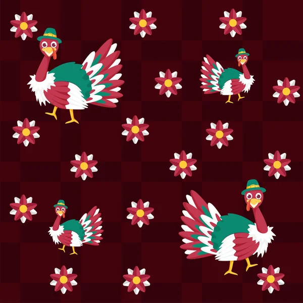 Pájaros Coloridos Historieta Turquía Flores Decoradas Fondo Del Patrón Geométrico — Vector de stock