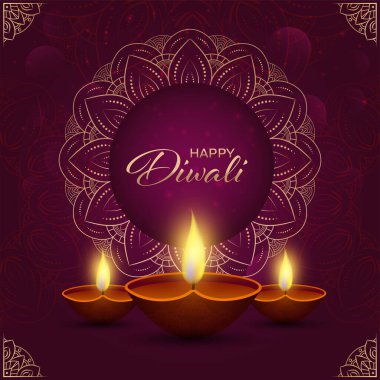 Gerçekçi Lit Yağ Lambaları (Diya) ve Mor Arkaplan Üzerine Mandala Desenli Mutlu Diwali Posteri Tasarımı.