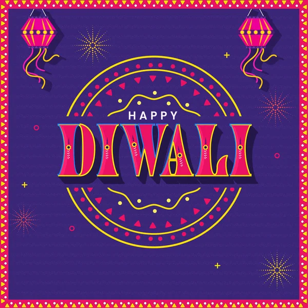Happy Diwali Text Zavěšenými Lucernami Fialovém Pozadí Ohňostroje — Stockový vektor