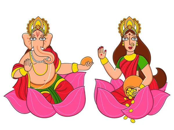 Staty Lord Ganesha Och Gudinnan Lakshmi Sitter Lotus Blomma — Stock vektor