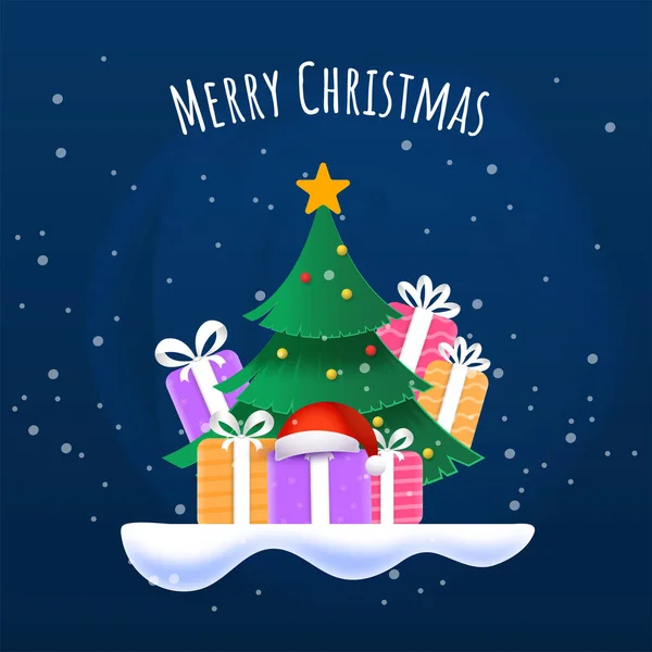 クリスマスのポスターデザインクリスマスツリー カラフルなギフトボックスとサンタキャップブルー雪の落下背景 — ストックベクタ