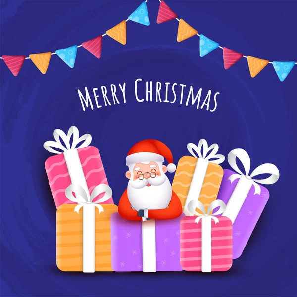 かわいいサンタクロースとカラフルなギフトボックスとブルーブラシテクスチャ上のバニングフラグとメリークリスマスのコンセプト背景 — ストックベクタ