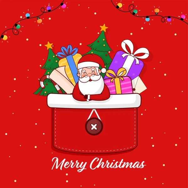 赤い背景にポケットパッチでかわいいサンタクロース ギフトボックス キャンディーケーンとクリスマスツリーとメリークリスマスお祝いのコンセプト — ストックベクタ