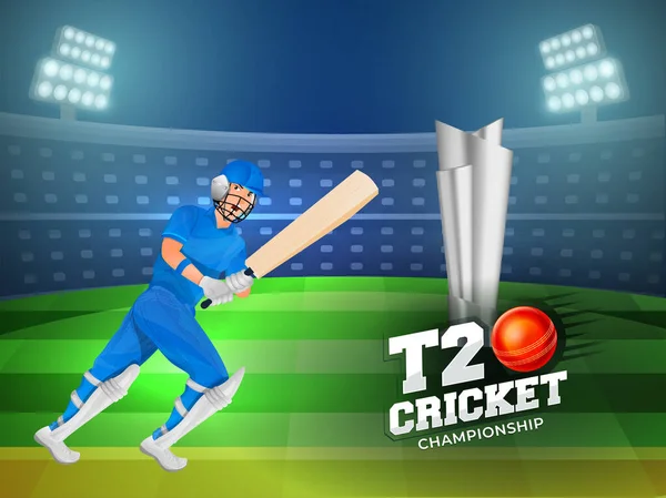T20板球锦标赛概念与3D银牌奖杯及蝙蝠侠球员的体育场背景 — 图库矢量图片
