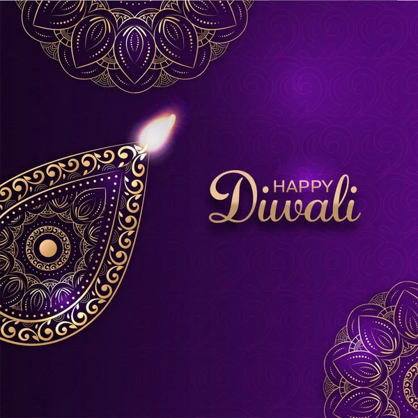 Golden Happy Diwali Font Med Orient Lit Oljelampa Diya Och — Stock vektor
