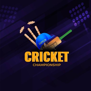 Miğferli Kriket Şampiyonası Konsepti, Wicket Stump ve Soyut Mor Stadyum Işıkları Arkaplanındaki Yarasa Resimleri.