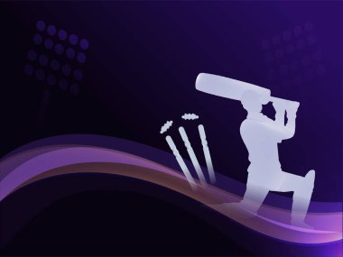 Siluet Vurucu Aksiyon Poz Veren ve Mor Stadyum Işıkları Üzerinde Soyut Dalgalanan Kriket Şampiyonası Arkaplanı.