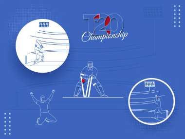T20 Cricket Championship Concept With Linear Style Cricketer Player In Different Position On Blue Background. clipart