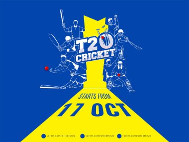 T20 Cricket Watch Canlı Poster Tasarımı farklı kriket oyuncuları sarı ve mavi arka planda.
