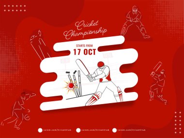 Cricket Championship Concept with Batsman, Bowler Players on Red and White Half Tones.