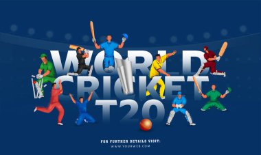 Dünya Kriket Maçı T20 Oyuncular Takımıyla Mavi Arkaplan 'da Farklı Pozisyonlar.